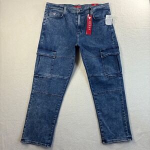 Guess Mateo Cargo Jeans Mens 36x30 Blue Double Knee Stretch Straight Casual NWT